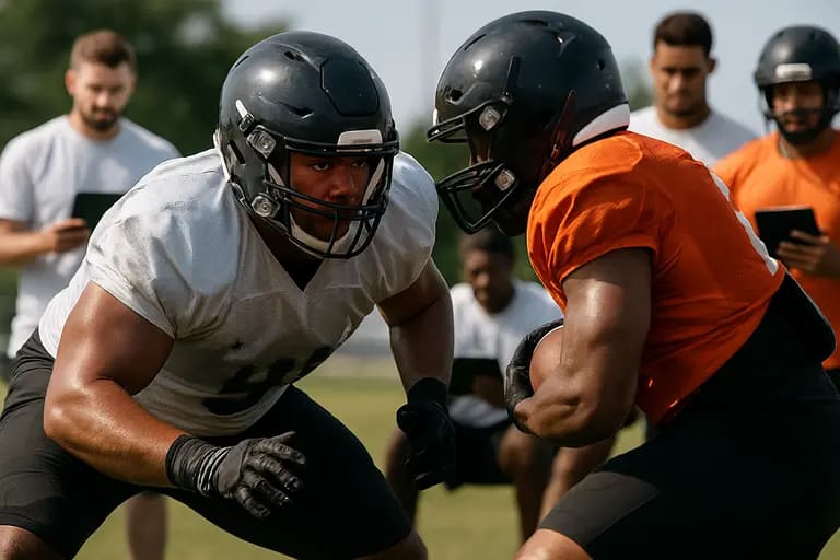 Defensive backs and linemen practicing during a team session